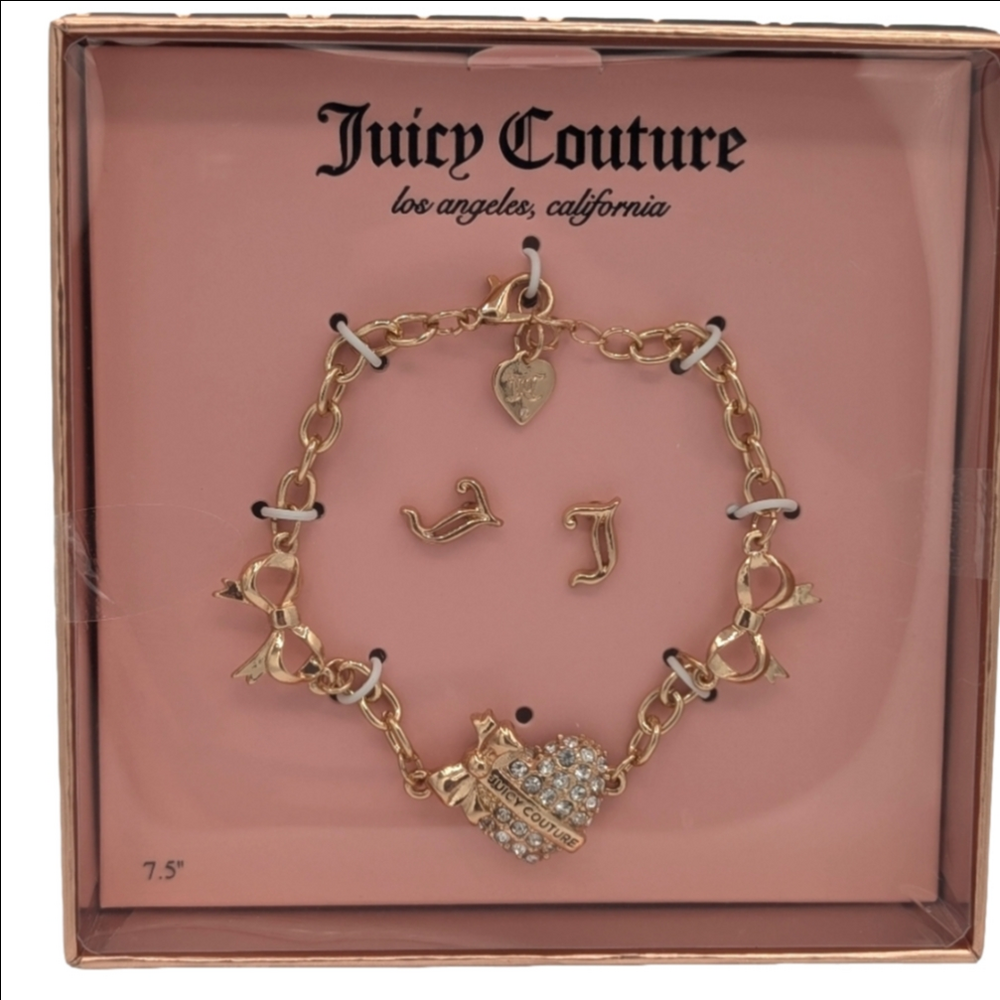 Juicy Couture Earrings and Bracelet Set Heart Charm J initial